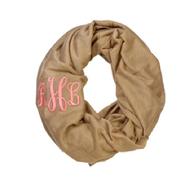 monogrammed infinity scarf in solid colors and light weight fabric.  Scarf with  monogram.