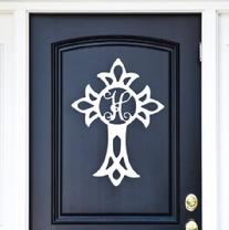 Wood monogram cross, christian cross for door with single initial