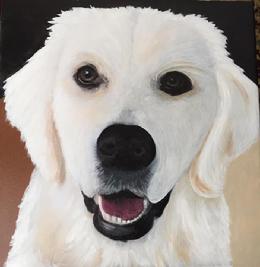 Pet Portrait Artist; Maureen Brady Page paints dog portrait; hand painted pet portrait; acrylic on canvas portrait of your pet from a photo