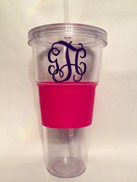 Monogrammed 36 ounce Jumbo Gulp. BPA Free, threaded edge ensures leakproof lid, contoured shape for comfy hold, bright gripper sleeve for a tight grip.
