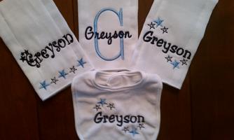 Monogrammed baby gifts; free monogram or full name embroidered in your choice of colors.