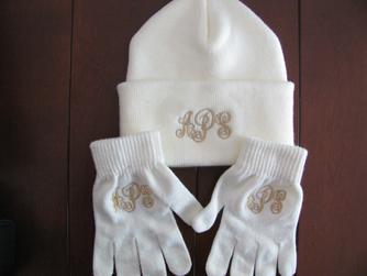 Mongrammed ski hat and matching stretch gloves