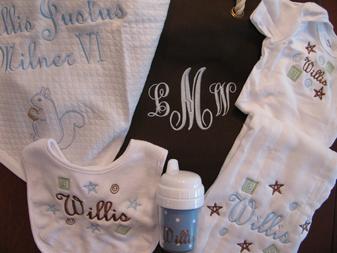 Monogrammed Baby Set comes personalized with a full name or monogram on each item.